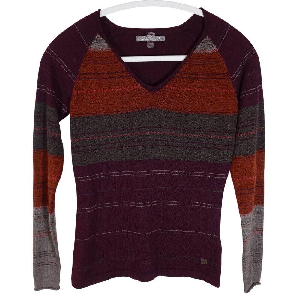 SMARTWOOL Sulawesi Merino Blend V Neck Striped Sweater XS Burgundy Burnt Orange
